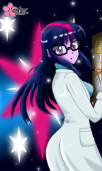 Size: 600x1000 | Tagged: safe, artist:clouddg, sci-twi, twilight sparkle, equestria girls, g4, my little pony equestria girls: rainbow rocks, clothes, cutie mark background, female, glasses, lab coat, looking at you, looking back, science, solo