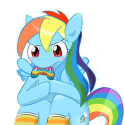 Size: 1705x1705 | Tagged: safe, artist:timorikawa, rainbow dash, g4, clothes, controller, female, pixiv, socks, solo