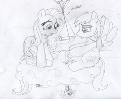 Size: 1097x900 | Tagged: safe, artist:foxxy-arts, derpy hooves, fluttershy, pegasus, pony, g4, female, hot chocolate, lineart, mare, monochrome, traditional art