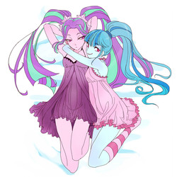 Size: 800x800 | Tagged: safe, artist:pasikon, aria blaze, sonata dusk, equestria girls, g4, my little pony equestria girls: rainbow rocks, clothes, cuddling, female, lesbian, ship:arisona, shipping, sleeveless, snuggling, socks, striped socks