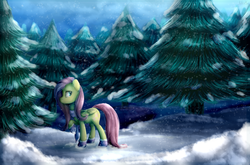 Size: 3000x1981 | Tagged: safe, artist:unilx, fluttershy, g4, clothes, female, scarf, snow, snowfall, solo, winter