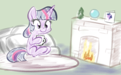 Size: 1312x810 | Tagged: safe, artist:whatsapokemon, twilight sparkle, g4, female, fire, fireplace, hot chocolate, pillow, sitting, smiling, solo