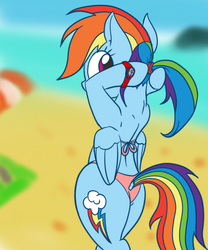 Size: 500x600 | Tagged: safe, artist:mingy.h, rainbow dash, pegasus, pony, semi-anthro, g4, beach, bikini, butt, clothes, female, plot, ponytail, solo, swimsuit, watch