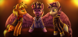 Size: 2768x1328 | Tagged: safe, artist:9de-light6, applejack, rarity, twilight sparkle, alicorn, pony, the count of monte rainbow, g4, a story told, applejack (male), clothes, danglajacks, danglars, dusk shine, elusive, mondego, monsparkle, plotting, prince dusk, rarifort, rule 63, scheming, table, the count of monte cristo, twilight sparkle (alicorn), villefort