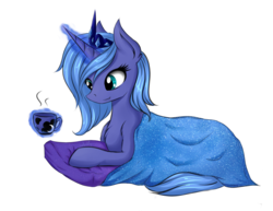 Size: 1869x1441 | Tagged: safe, artist:wolfypon, princess luna, pony, g4, blanket, chest fluff, cup, drink, female, magic, pillow, s1 luna, simple background, solo