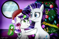 Size: 2576x1700 | Tagged: safe, artist:applemaple19, rarity, sweetie belle, g4, christmas, christmas tree, doll, hat, magic, santa hat, sisters, sweetie belle's magic brings a great big smile, tree