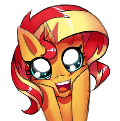 Size: 465x473 | Tagged: safe, artist:tgom, sunset shimmer, pony, unicorn, g4, big eyes, cute, dilated pupils, female, happy, looking at you, open mouth, shimmerbetes, smiling, solo, squishy cheeks