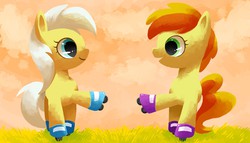 Size: 1750x1000 | Tagged: safe, artist:reuniclus, peachy pie, sunny daze, pony, g4, duo, female, filly, roller skates