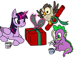 Size: 800x600 | Tagged: safe, artist:celestialsapphire, owlowiscious, spike, twilight sparkle, alicorn, pony, g4, female, mare, mug, present, ribbon, twilight sparkle (alicorn), wrapping paper