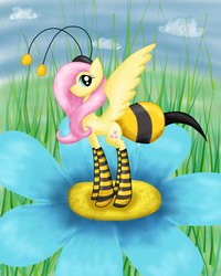 Size: 2000x2500 | Tagged: safe, artist:icywinterberry, fluttershy, bee, g4, clothes, costume, female, flower, high res, micro, socks, solo, striped socks