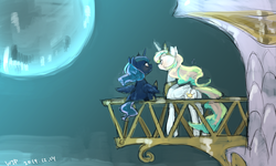 Size: 1472x884 | Tagged: dead source, safe, artist:chi-hayu, princess celestia, princess luna, alicorn, pony, g4, balcony, canterlot, cute, female, filly, mare, moon, night, sisters, wip, woona