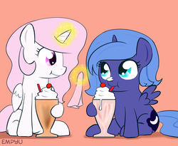 Size: 1000x819 | Tagged: safe, artist:empyu, princess celestia, princess luna, alicorn, pony, g4, 30 minute art challenge, cewestia, cute, duo, filly, food, magic, milkshake, whipped cream, woona