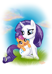 Size: 1200x1725 | Tagged: safe, artist:hugsforpenguin, rarity, scootaloo, pegasus, pony, unicorn, g4, cloud, cute, duo, duo female, female, filly, grass, happy, mare, scootalove, sky