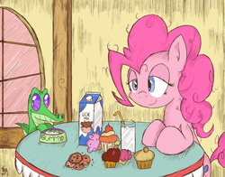 Size: 1400x1100 | Tagged: safe, artist:ollywiicious, gummy, pinkie pie, g4, breakfast, cookie, cupcake, food, milk, muffin, table