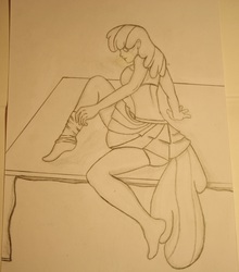 Size: 1131x1284 | Tagged: artist needed, safe, cheerilee, human, g4, clothes, dress, female, humanized, monochrome, sketch, solo, stockings, table, tailed humanization, traditional art