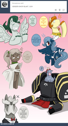 Size: 2550x4739 | Tagged: safe, artist:dracojayproduct, oc, oc only, oc:caroline, oc:eschar, oc:pierson, oc:reginald whitmane, oc:titus, oc:willow, pony, ask the lie cast, ask, rule 63, tumblr