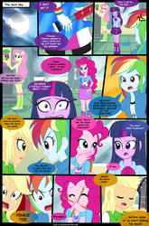 Size: 900x1360 | Tagged: safe, artist:jacky-bunny, applejack, fluttershy, pinkie pie, rainbow dash, rarity, spike, twilight sparkle, dog, equestria girls, g4, my little pony equestria girls: rainbow rocks, comic, implied appledash, magic of the sirens, mane six, moon, oh no, spike the dog, twilight snapple, twilight sparkle (alicorn)