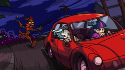 Size: 2400x1350 | Tagged: safe, artist:latecustomer, trixie, twilight sparkle, fox, human, g4, car, crossover, five nights at freddy's, foxy, humanized, tatra, tatra t77, twilight being an angry driver