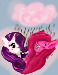 Size: 800x1027 | Tagged: safe, artist:lunabubble-ede96, pinkie pie, rarity, g4, chocolate rain, cloud, cloudy