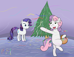 Size: 1829x1428 | Tagged: safe, artist:phallen1, rarity, sweetie belle, pony, g4, bipedal, christmas tree, newbie artist training grounds, tinsel, tree