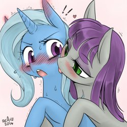 Size: 703x702 | Tagged: safe, artist:reavz, artist:transgressors-reworks, color edit, edit, maud pie, trixie, earth pony, pony, unicorn, g4, blushing, colored, cute, diatrixes, duo, female, heart, kissing, lesbian, licking, mare, neck licking, ship:mauxie, shipping, sweat