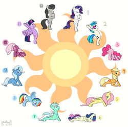 Size: 3723x3697 | Tagged: safe, artist:phallen1, applejack, bon bon, cheerilee, dj pon-3, fluttershy, lyra heartstrings, octavia melody, pinkie pie, rainbow dash, rarity, sweetie drops, trixie, twilight sparkle, vinyl scratch, alicorn, pony, g4, bipedal, cobra stretch, female, flexible, high res, mane six, mare, newbie artist training grounds, princess celestia's cutie mark, stretching, twilight sparkle (alicorn), yoga