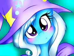Size: 4896x3672 | Tagged: safe, artist:laliiyeaah, edit, trixie, pony, unicorn, g4, :<, blushing, cute, diatrixes, female, frown, head tilt, looking at you, mare, solo