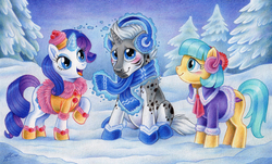 Size: 1100x663 | Tagged: safe, artist:macgreen, coco pommel, rarity, oc, g4, boots, clothes, hat, hilarious in hindsight, magic, scarf, snow, winter