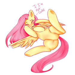 Size: 1000x1000 | Tagged: safe, artist:glitchyraptor, fluttershy, pegasus, pony, g4, blatant lies, blushing, cute, featureless crotch, female, i'm not cute, lying, lying down, shyabetes, simple background, solo, underhoof, white background