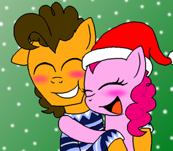Size: 500x437 | Tagged: safe, artist:crazynutbob, cheese sandwich, pinkie pie, g4, blushing, christmas, clothes, female, hat, hearth's warming, hug, male, santa hat, ship:cheesepie, shipping, snow, snowfall, straight, sweater
