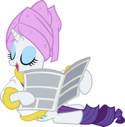 Size: 6000x6095 | Tagged: safe, artist:slb94, rarity, pony, unicorn, g4, ponyville confidential, absurd resolution, bathrobe, clothes, eyes closed, eyeshadow, female, hoof hold, horn, makeup, mare, newspaper, open mouth, open smile, robe, simple background, smiling, solo, towel, transparent background, vector
