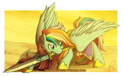 Size: 1114x696 | Tagged: safe, artist:hazurasinner, oc, oc only, oc:windy belle, armor, badass, magical lesbian spawn, mouth hold, offspring, parent:fluttershy, parent:rainbow dash, parents:flutterdash, piercing, scar, solo, sword, weapon