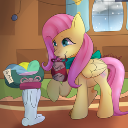 Size: 850x850 | Tagged: safe, artist:wolfbaloo, angel bunny, fluttershy, g4, female, present, solo