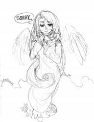 Size: 2017x2632 | Tagged: safe, artist:xxmoondropsxx, fluttershy, human, g4, female, grayscale, high res, humanized, monochrome, one word, sketch, solo, winged humanization