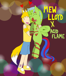 Size: 1797x2082 | Tagged: safe, artist:xavierbronyxiii, oc, oc only, oc:acid flame, oc:lloyd drako, pony, based off another pic, crossover, duo, eyes closed, flat colors, holding a pony, hug, mew mew power, open mouth, simple background, smiling, tokyo mew mew