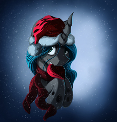 Size: 1600x1666 | Tagged: safe, artist:sceathlet, queen chrysalis, changeling, changeling queen, g4, christmas, christmas changeling, clothes, female, hat, heart, portrait, santa hat, scarf, snow, snowfall, solo