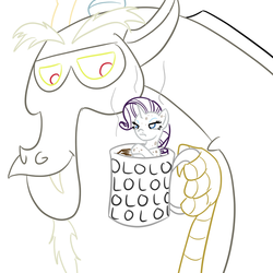 Size: 800x800 | Tagged: safe, artist:wryte, discord, rarity, pony, g4, cup of pony, discord being discord, hot chocolate, lineart, lol, marshmallow, micro, newbie artist training grounds, rarity is a marshmallow, rarity is not amused, trollcord, trolling, unamused