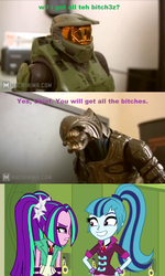 Size: 854x1426 | Tagged: safe, artist:dinoboted, aria blaze, sonata dusk, equestria girls, g4, my little pony equestria girls: rainbow rocks, arbiter, arby n the chief, crossover, halo (series), master chief, swearing, the dazzlings