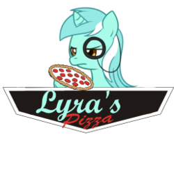 Size: 256x256 | Tagged: safe, artist:smoq020340, lyra heartstrings, pony, unicorn, g4, female, logo, mare, monocle, pizza, simple background, solo, transparent background