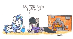 Size: 2033x1094 | Tagged: safe, artist:bobthedalek, dj pon-3, octavia melody, vinyl scratch, earth pony, pony, unicorn, g4, backwards cutie mark, burning, clothes, fire, fireplace, mug, octavia is not amused, oh crap, on fire, sweater, this will end in fire, this will end in tears, traditional art, unamused