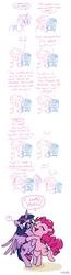 Size: 600x2322 | Tagged: safe, artist:foudubulbe, pinkie pie, twilight sparkle, alicorn, pony, g4, :i, bipedal, blushing, book, comic, curse, cute, eyes closed, female, glasses, heart, hug, lesbian, mare, open mouth, question mark, reading, rubbing, ship:twinkie, shipping, smiling, squishy cheeks, twilight sparkle (alicorn)