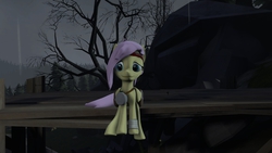 Size: 1280x720 | Tagged: safe, artist:lonewolfgamingn00b, fluttershy, survivor shy, g4, 3d, alternate hairstyle, rain, sitting