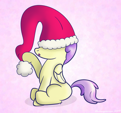 Size: 1497x1403 | Tagged: safe, artist:bluemeganium, alula, pluto, g4, christmas, female, filly, gradient background, hat, santa hat, sitting, solo