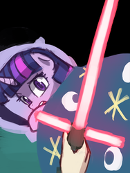 Size: 720x960 | Tagged: safe, artist:lumineko, twilight sparkle, human, pony, g4, bed, crossguard lightsaber, disembodied hand, duke nukem, hilarious in hindsight, kylo ren, lightsaber, meme, scared, star wars, star wars: the force awakens, weapon