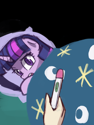 Size: 720x960 | Tagged: safe, artist:lumineko, twilight sparkle, human, g4, bed, disembodied hand, duke nukem, meme, pregnancy test, scared