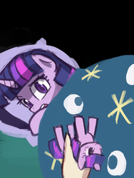 Size: 720x960 | Tagged: safe, artist:lumineko, twilight sparkle, human, pony, g4, bed, disembodied hand, doll, duke nukem, meme, scared, self ponidox