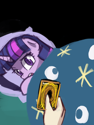 Size: 720x960 | Tagged: safe, artist:lumineko, twilight sparkle, human, g4, bed, disembodied hand, duke nukem, meme, scared, yu-gi-oh!