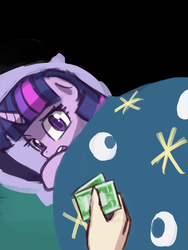 Size: 720x960 | Tagged: safe, artist:lumineko, twilight sparkle, human, pony, g4, bed, disembodied hand, duke nukem, meme, money, scared