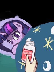 Size: 720x960 | Tagged: safe, artist:lumineko, twilight sparkle, human, g4, bed, disembodied hand, duke nukem, flintstones vitamins, medicine, meme, scared, vitamins