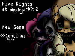 Size: 2048x1536 | Tagged: safe, applejack, pinkie pie, rarity, pony, robot, robot pony, five nights at aj's, g4, animatronic, applefreddy, creepy, female, five nights at aj's 2, five nights at freddy's, group, main menu, toy applefazjack, toy pinkica, toy raribon